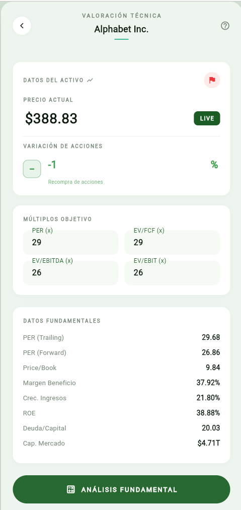 Pantalla de introducción de datos en Diligen — múltiplos históricos y recompra de acciones